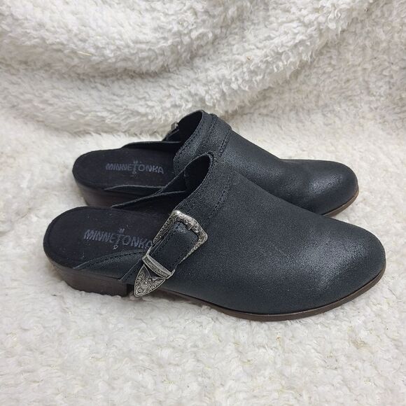 Minnetonka Billie Black Silver Buckle Western Style‎ Clogs Mules sz 9 - Picture 1 of 6